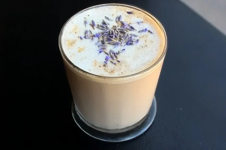 Lavender Earl Grey Latte in a beautifully styled cup with lavender flowers