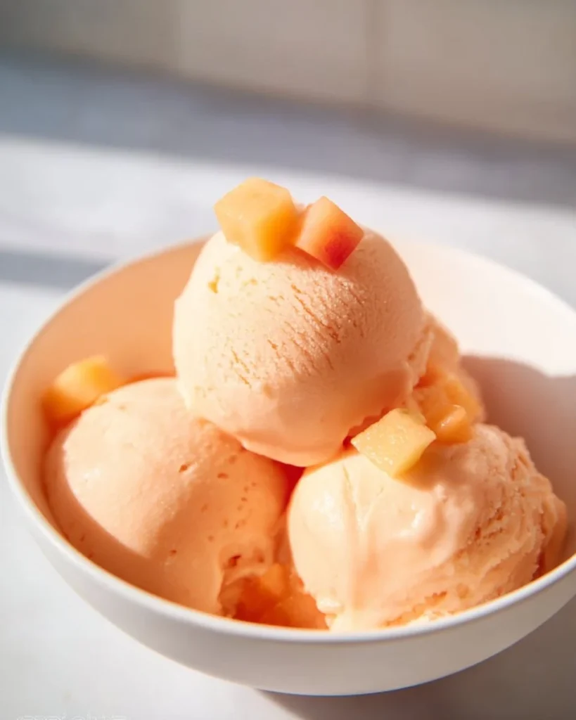 Low-calorie cantaloupe frozen yogurt in a bowl with fresh cantaloupe slices