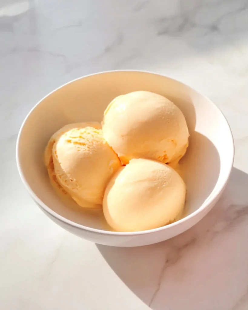 Low-calorie peach yogurt ice cream served in a bowl with fresh peaches