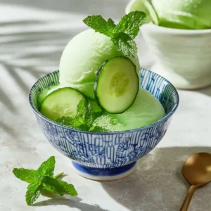Ninja Creami Cucumber Mint Sorbet served in a bowl with fresh mint leaves