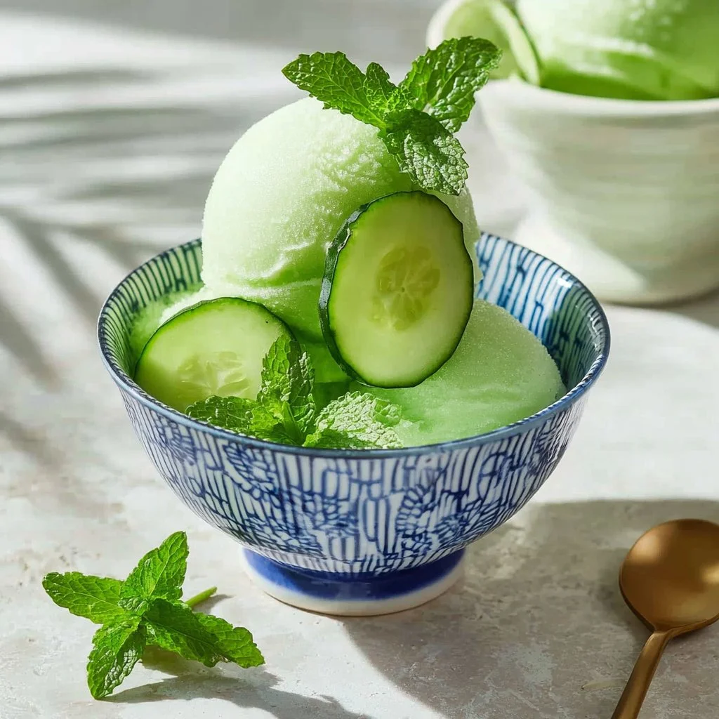 Ninja Creami Cucumber Mint Sorbet served in a bowl with fresh mint leaves