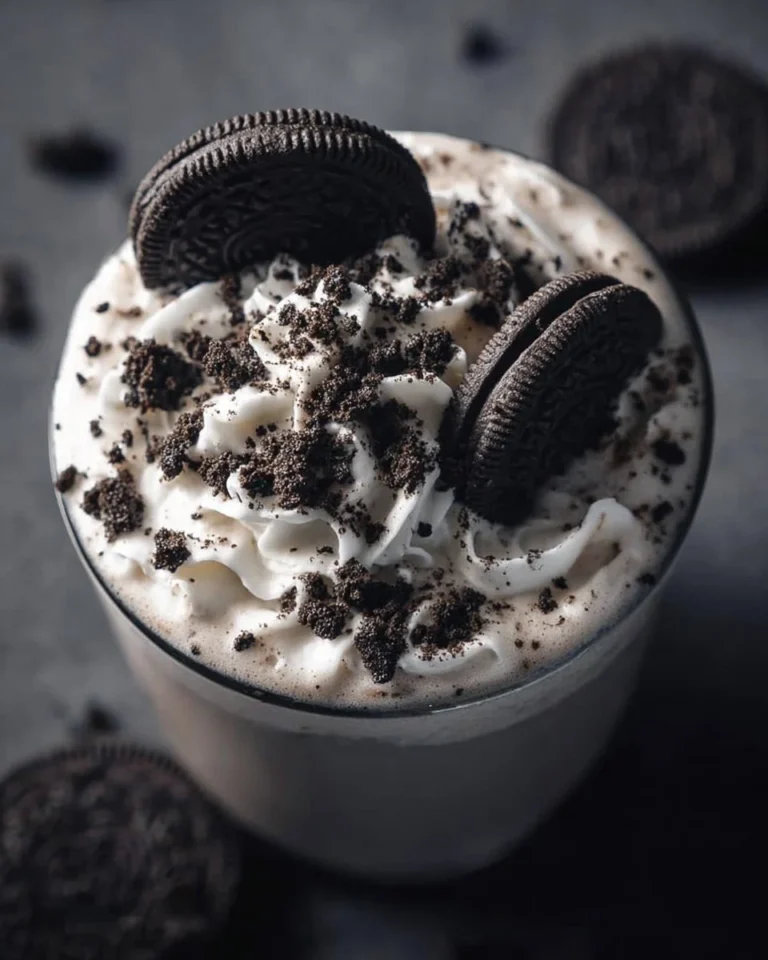 Creamy Oreo Hot Chocolate topped with whipped cream and Oreo cookie crumbles