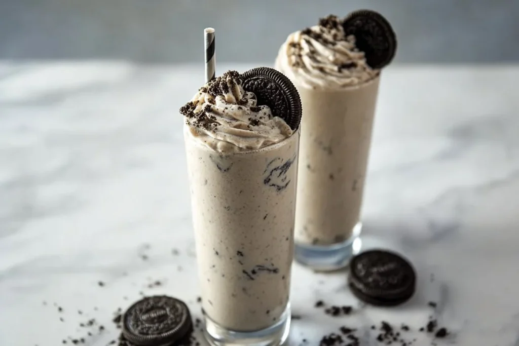 A delicious Oreo Milkshake topped with whipped cream and Oreo crumbs.