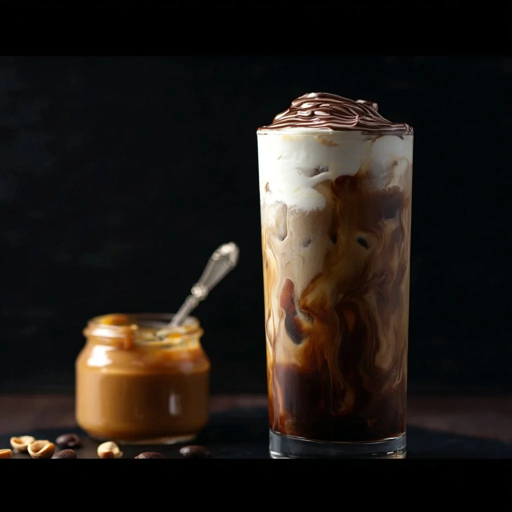 Delicious peanut butter iced coffee served in a glass with whipped cream.