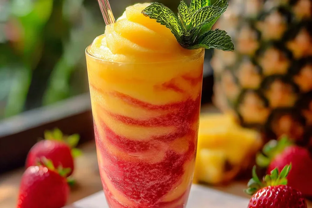 Pineapple Strawberry Swirled Slushies in vibrant glasses with ice