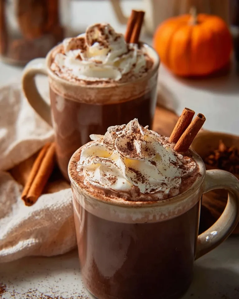 Rich and creamy pumpkin spice hot chocolate topped with whipped cream.