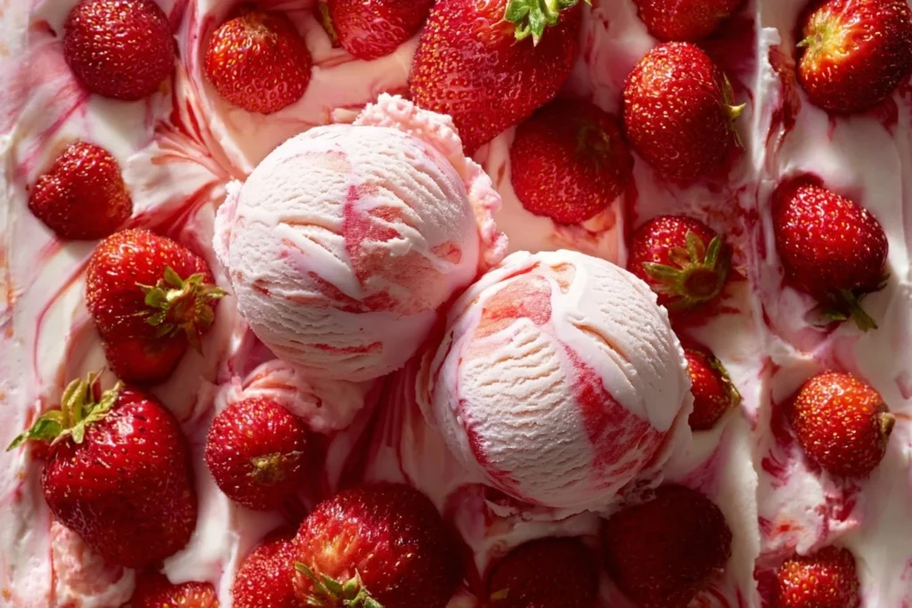 A bowl of Roasted Strawberry Shortcake Ice Cream topped with fresh strawberries.