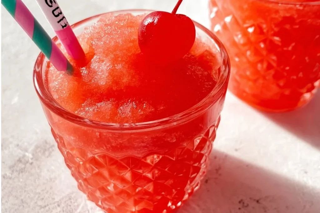 A delicious Shirley Temple Slushie served with a cherry on top.