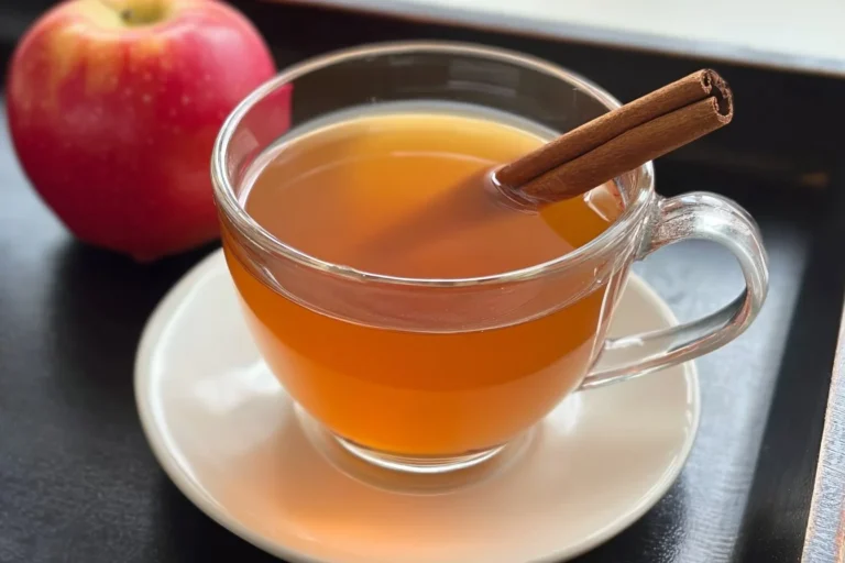 A steaming cup of spiced apple cider Christmas tea surrounded by festive decorations
