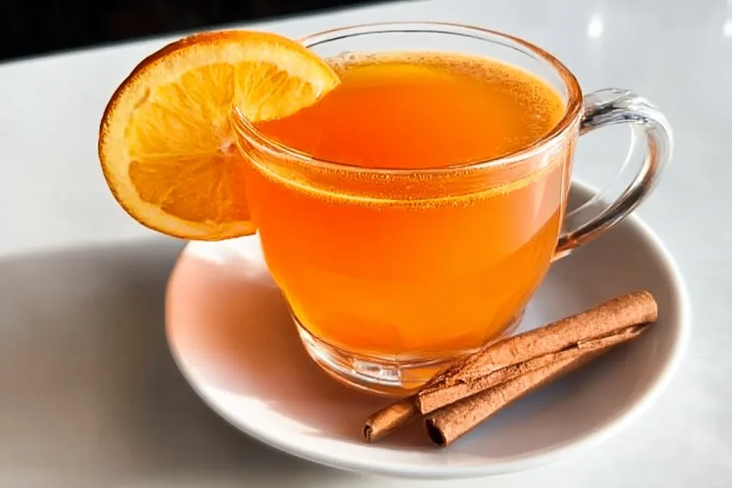 Cup of spiced black tea with orange slices for a refreshing drink.