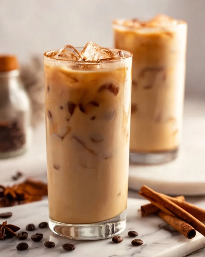 Creamy beverage made with milk cinnamon vanilla served in a cozy setting.