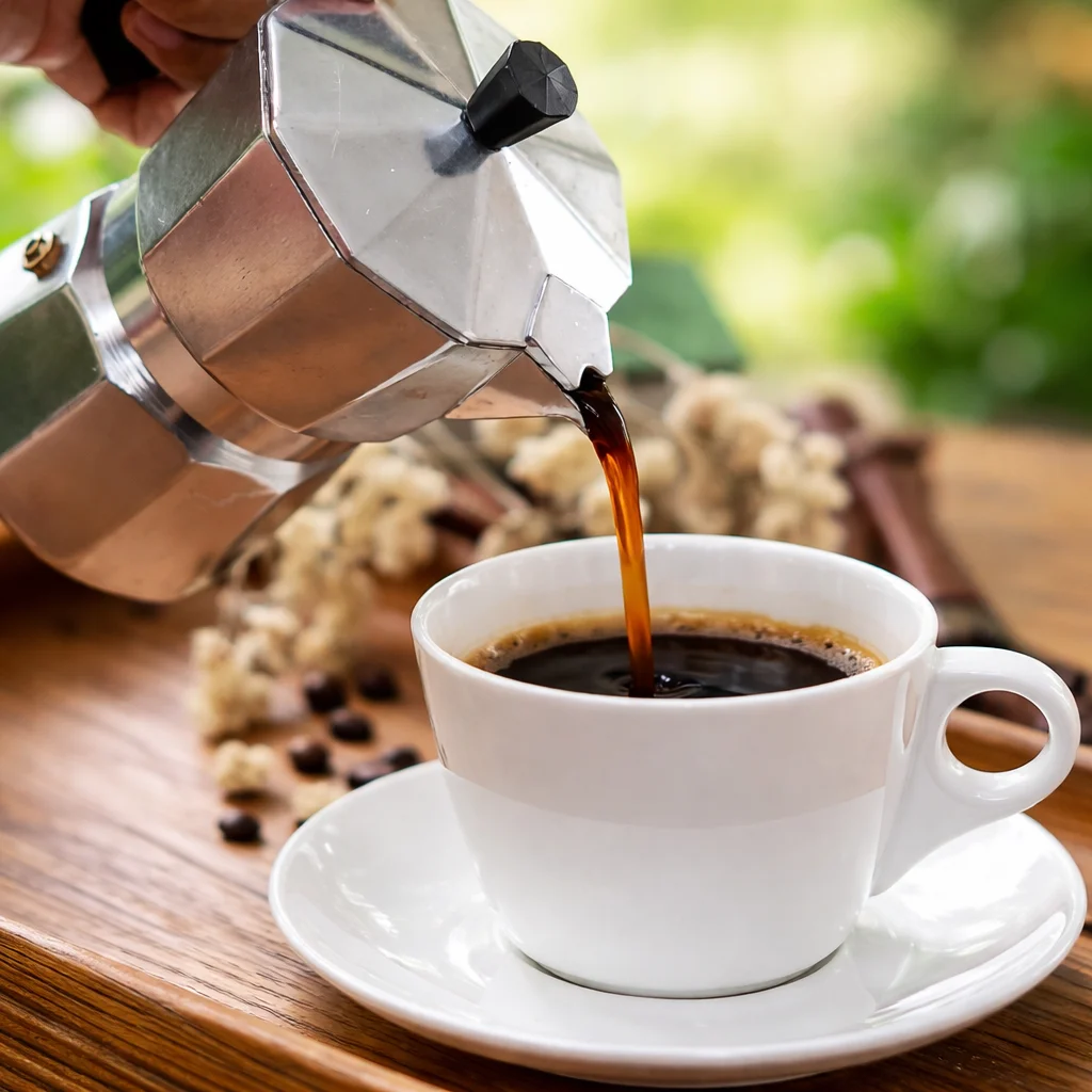 A classic Moka Pot brewing coffee, showcasing the rich, full-bodied flavor it delivers.
