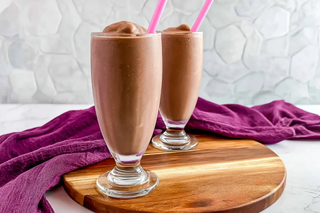 Chocolate Milkshake Ninja Slushi topped with whipped cream and chocolate drizzle