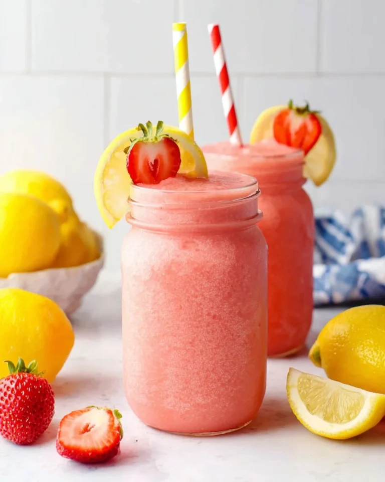 Refreshing frozen strawberry lemonade served in a glass with ice and mint leaves