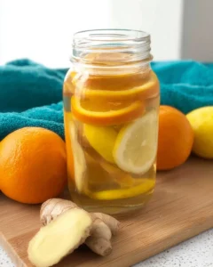 A steaming cup of Lemon Ginger Tea with fresh lemon slices and ginger root.