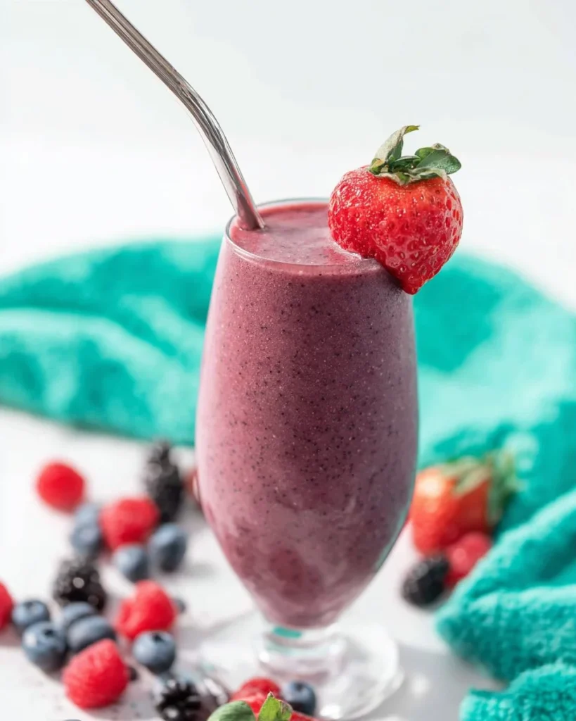 Delicious mixed berry smoothie with yogurt and chia seeds in a glass