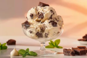 Ninja Creami brownie cookie surprise ice cream served in a bowl with toppings