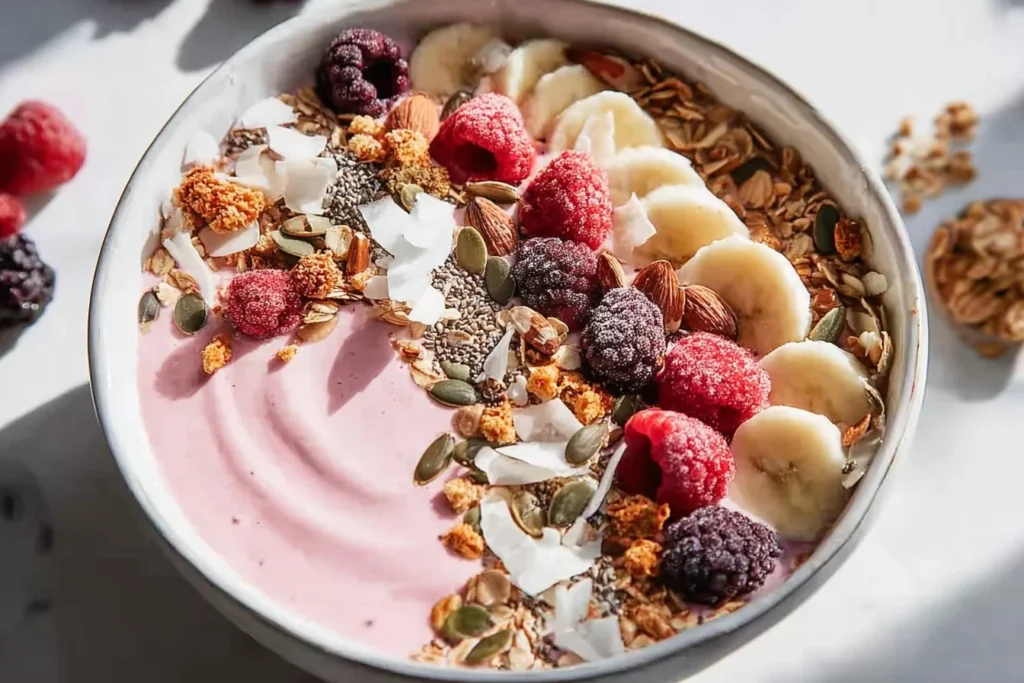 Delicious Ninja Creami smoothie bowl topped with fresh fruits and granola