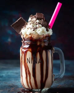 Ninja Creami vanilla milkshake served in a glass with whipped cream on top