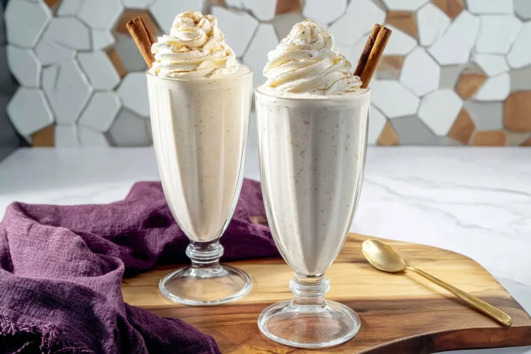 Ninja Eggnog Slushy in a festive cup, topped with whipped cream and nutmeg.