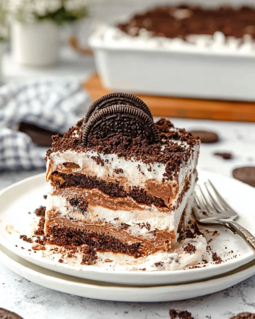 Oreo ice cream sandwich cake with layers of cream and crushed Oreos on top