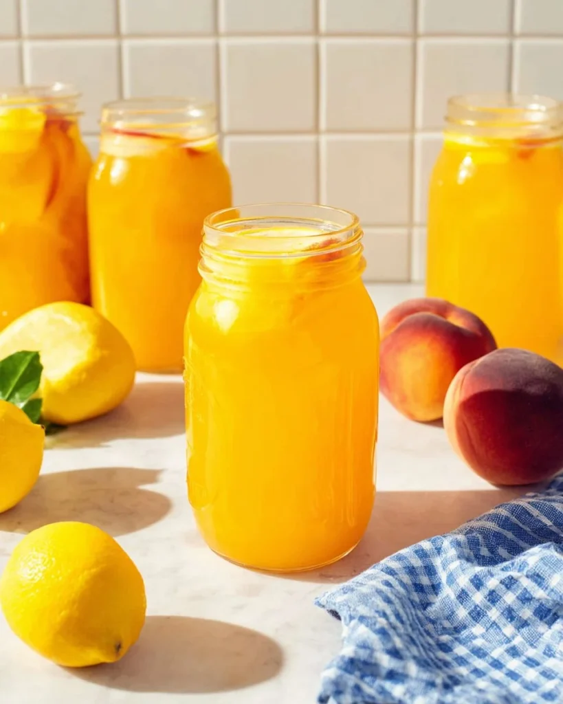 Chilled glass of Peach Lemonade with fresh peach slices and lemon wedges