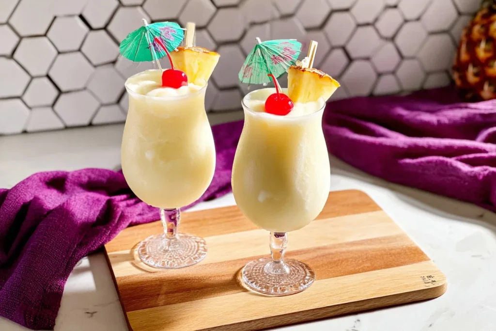 Delicious Pineapple Colada Ninja Slushi Granita served in a glass with tropical garnish.