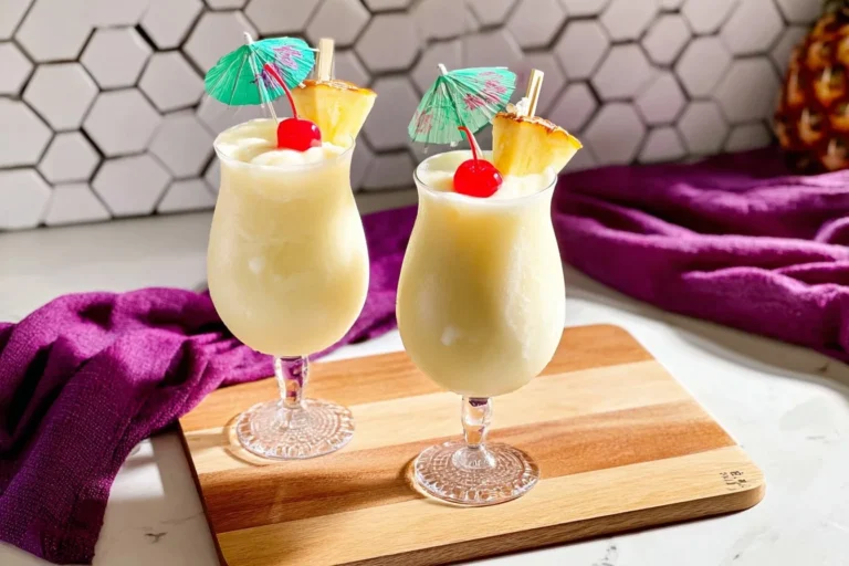 Delicious Pineapple Colada Ninja Slushi Granita served in a glass with tropical garnish.
