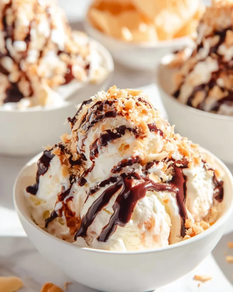 Samoa Ice Cream topped with coconut and caramel