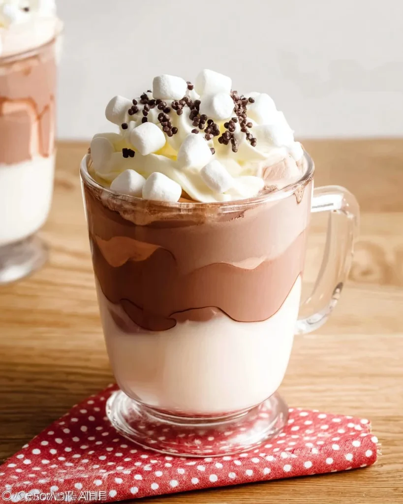 A rich cup of whipped hot chocolate topped with whipped cream.