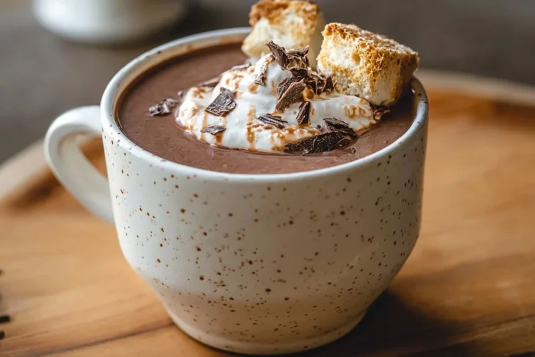 A cup of authentic Italian hot chocolate topped with whipped cream and chocolate shavings