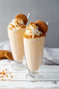Delicious Biscoff cookie milkshake topped with whipped cream and cookie crumbles.