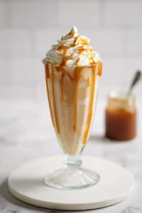 Delicious caramel milkshake topped with whipped cream and caramel drizzle