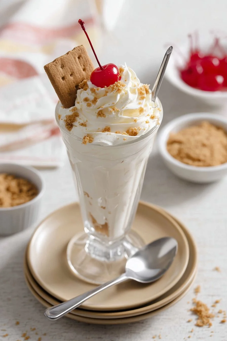 Creamy cheesecake milkshake topped with whipped cream and a cherry