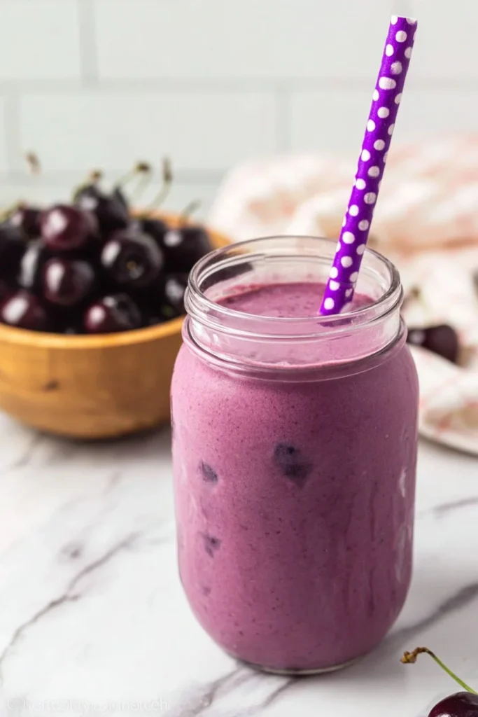 Delicious cherry vanilla milkshake topped with whipped cream and a cherry.