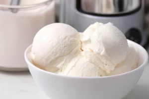 Creamy dairy-free coconut ice cream in a bowl with coconut flakes