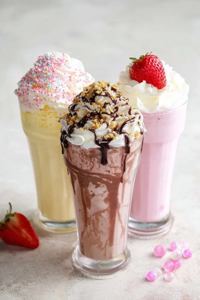 Delicious homemade milkshake topped with whipped cream and a cherry.