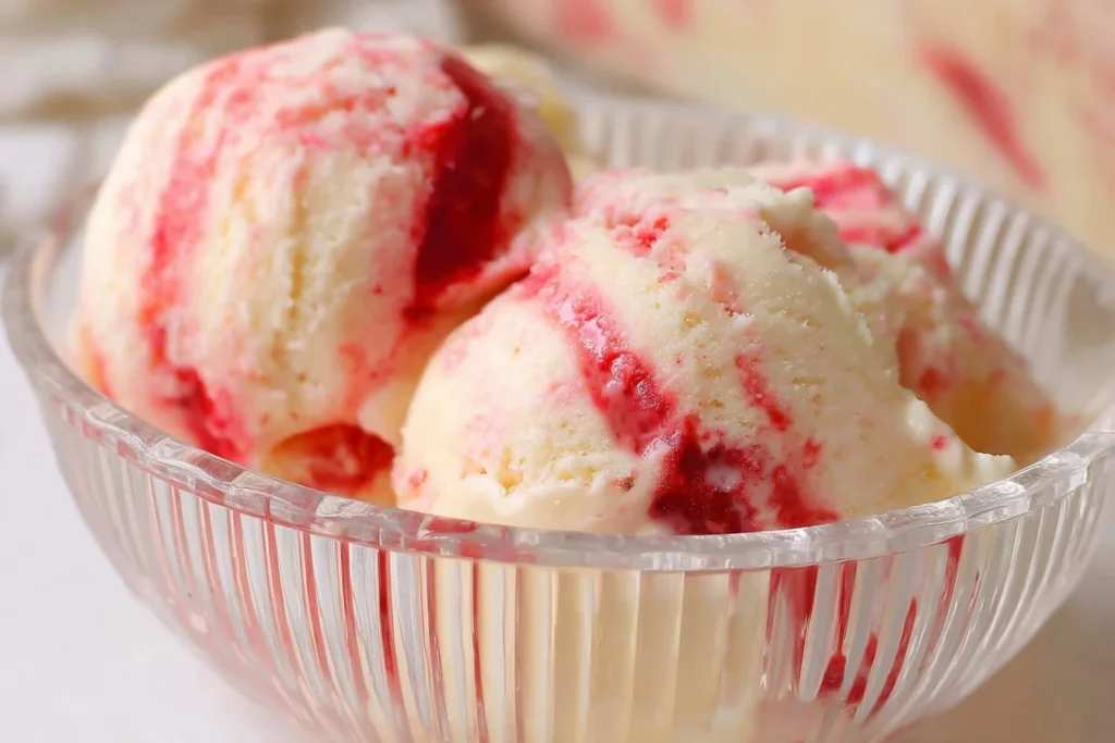 Low-carb strawberry cheesecake ice cream in a bowl topped with fresh strawberries