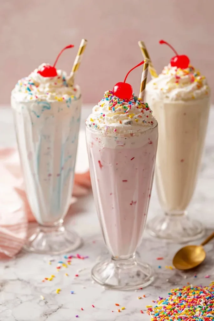 Delicious milkshake with whipped cream and colorful sprinkles