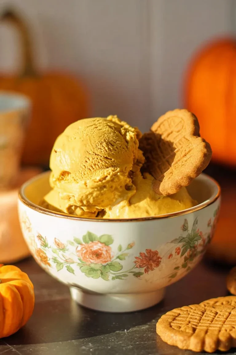 Vegan pumpkin ice cream with Biscoff and protein in a bowl
