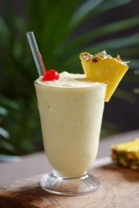 Delicious pineapple milkshake topped with whipped cream and fresh pineapple slices