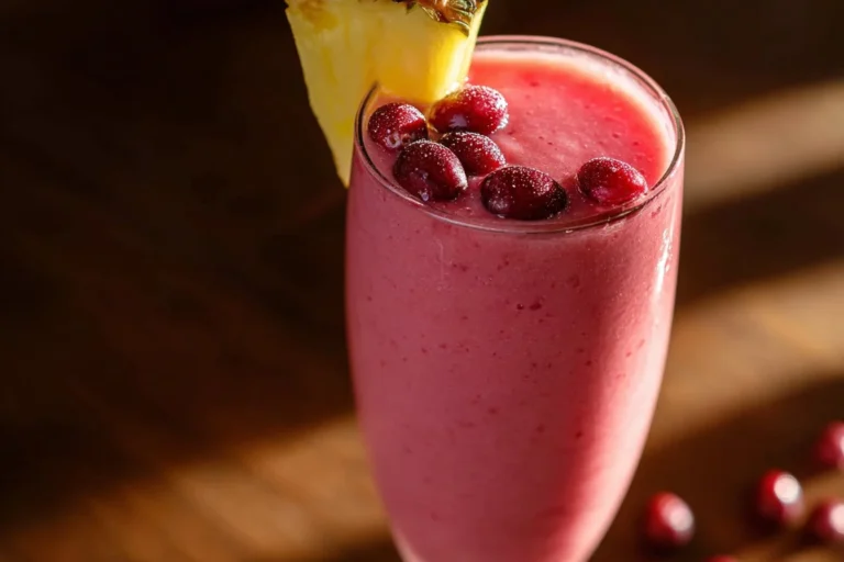 Refreshing pineapple cranberry smoothie in a glass with mint garnish