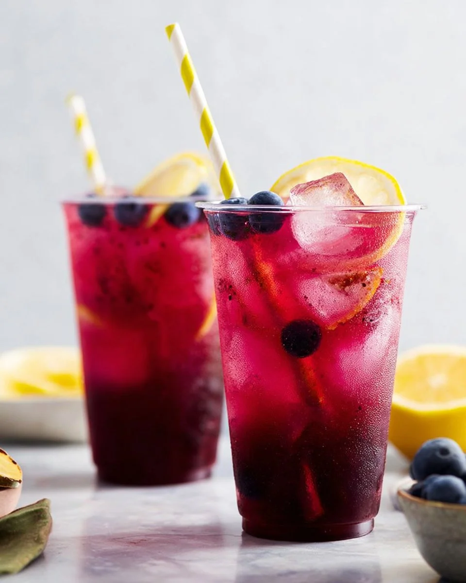 A refreshing glass of Blueberry Lemon Soda with berries and lemon slices.