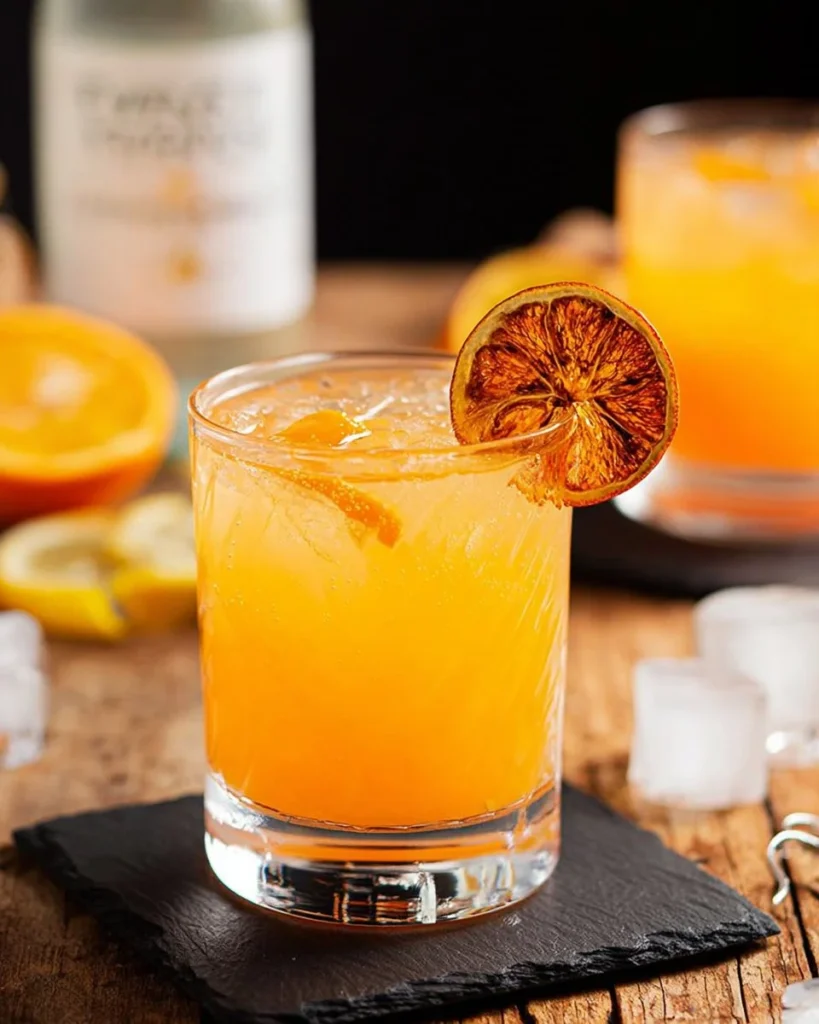 Burnt Mandarin Oranges Gin and Tonic cocktail in a glass with citrus garnish.
