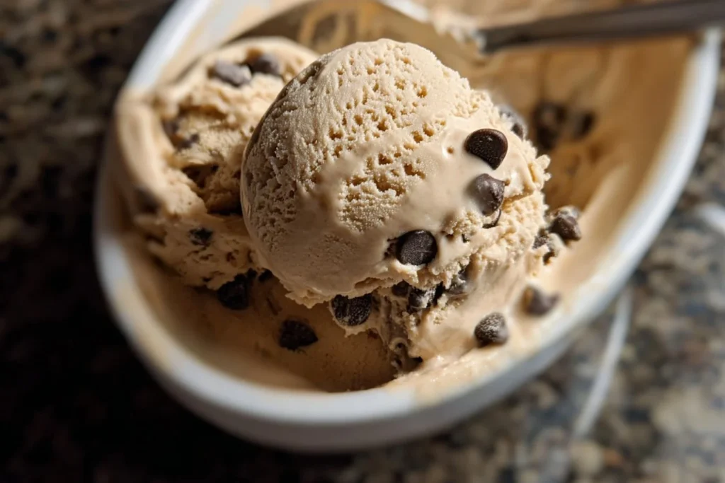 Delicious Coffee Chocolate Chip Ice Cream in a bowl with chocolate chips.