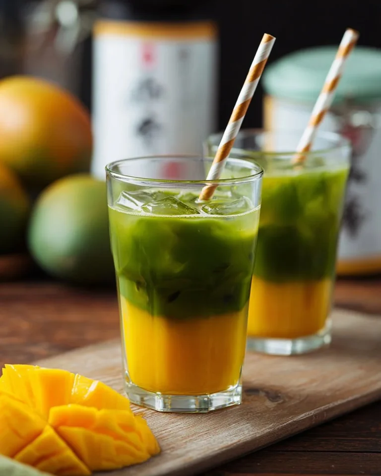 Delicious Iced Mango Matcha beverage with vibrant mango and smooth matcha blend