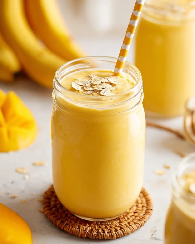 Mango Banana Breakfast Lassi in a glass with fresh fruits