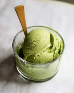 Homemade matcha ice cream made with Ninja Creami machine.