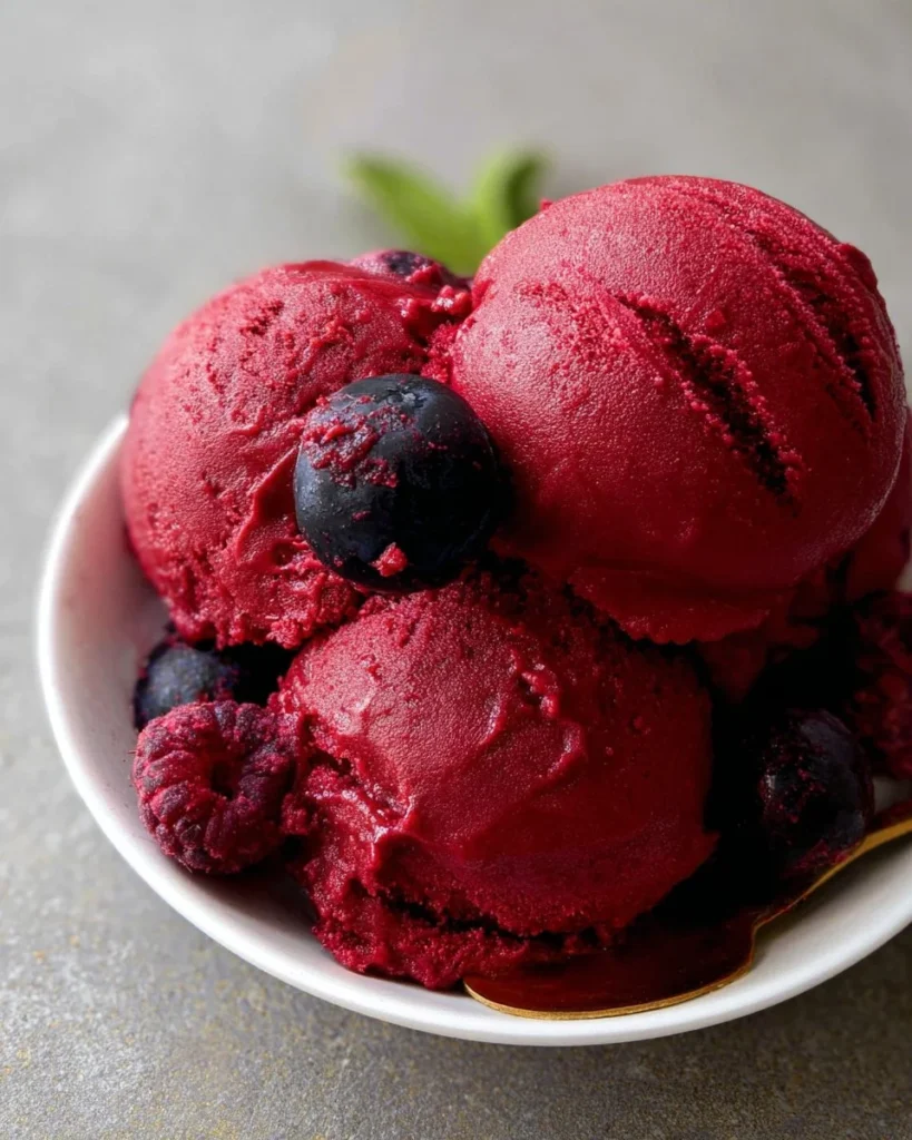 Delicious mixed berry sorbet in a bowl, made with fresh berries for a refreshing dessert.