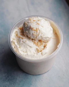 Delicious Protein Coconut Ice Cream in a bowl, healthy dessert option.